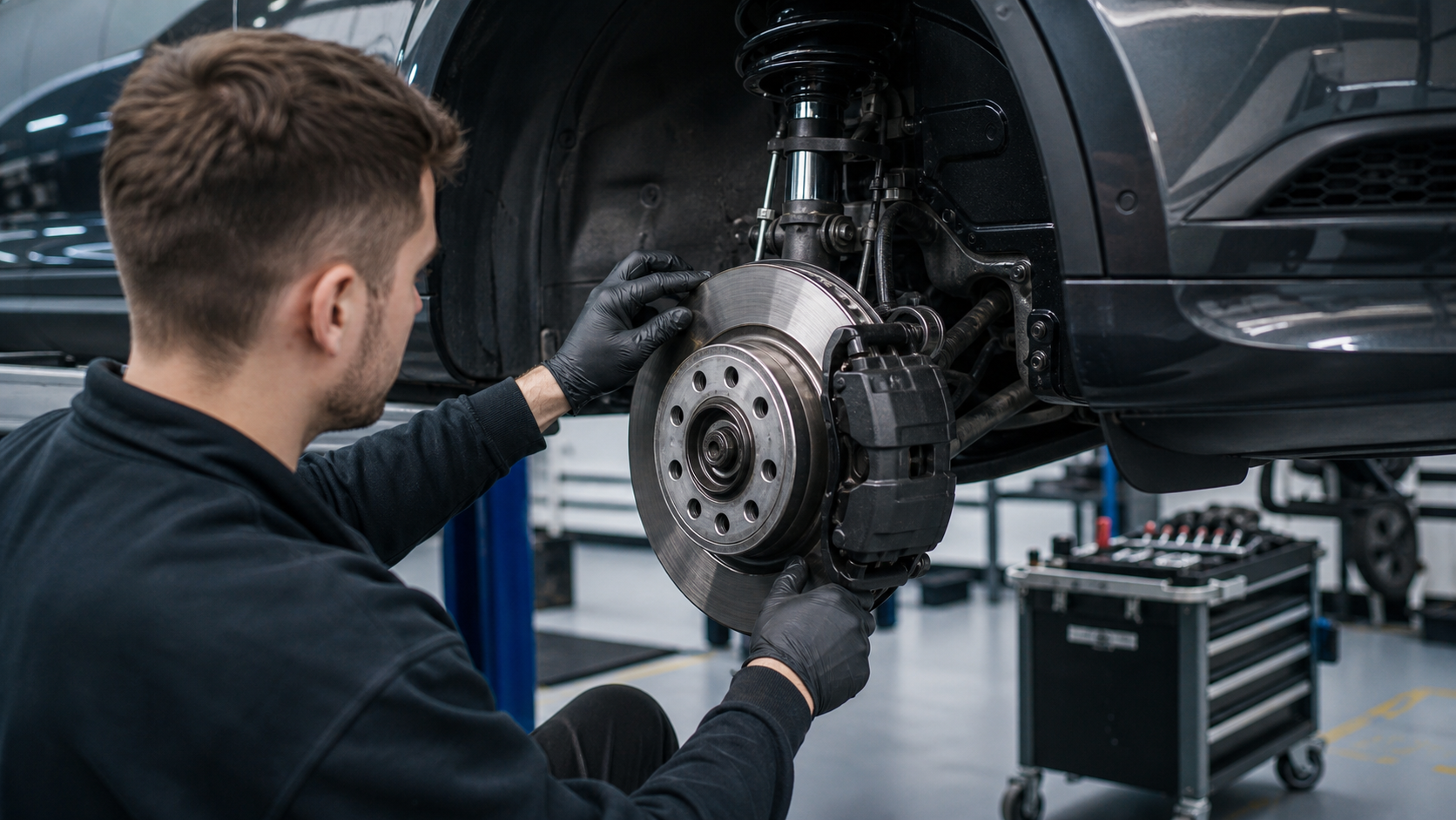 Brake service inspection on a European car