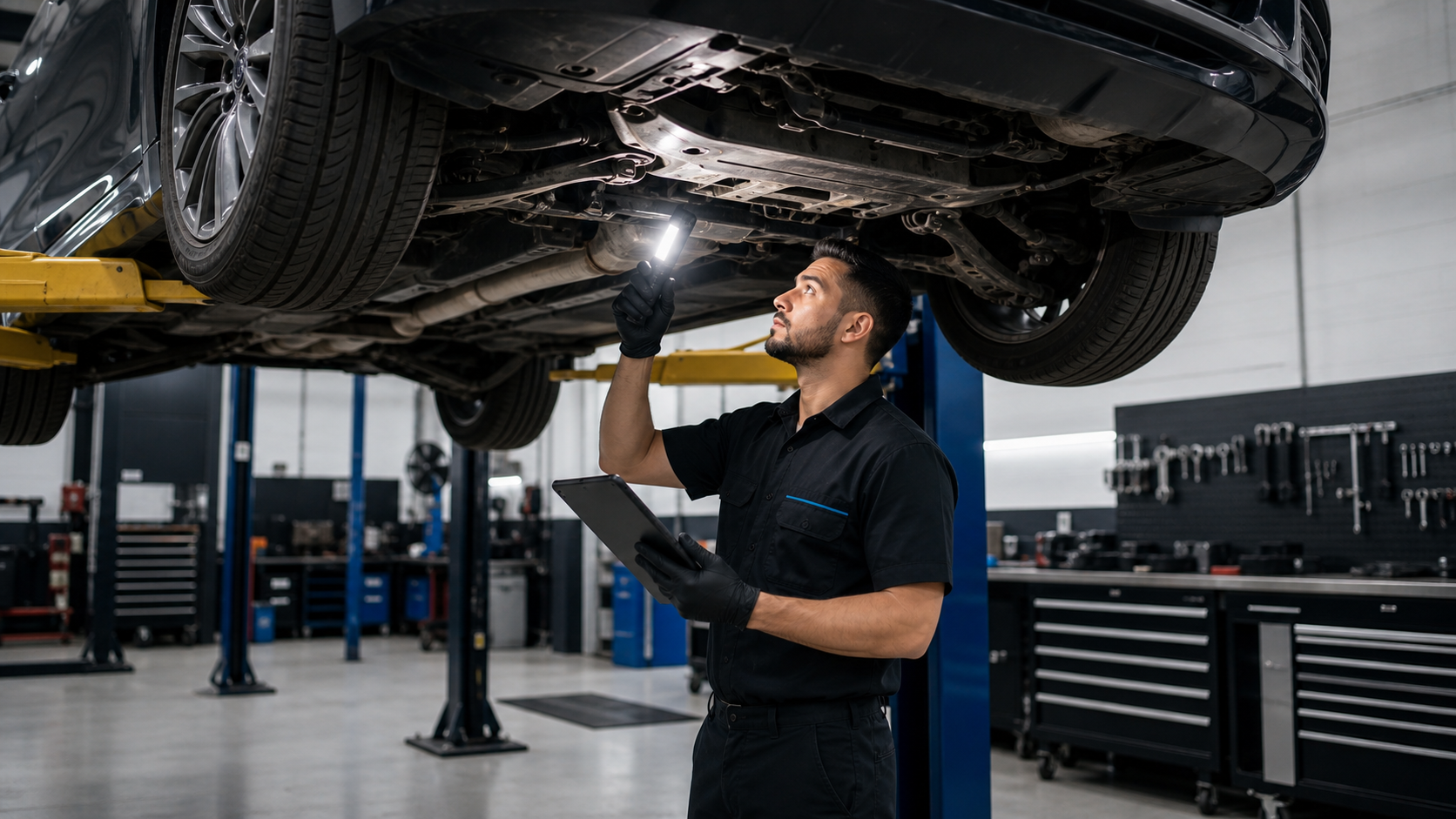 Vehicle safety inspection under a lifted European car