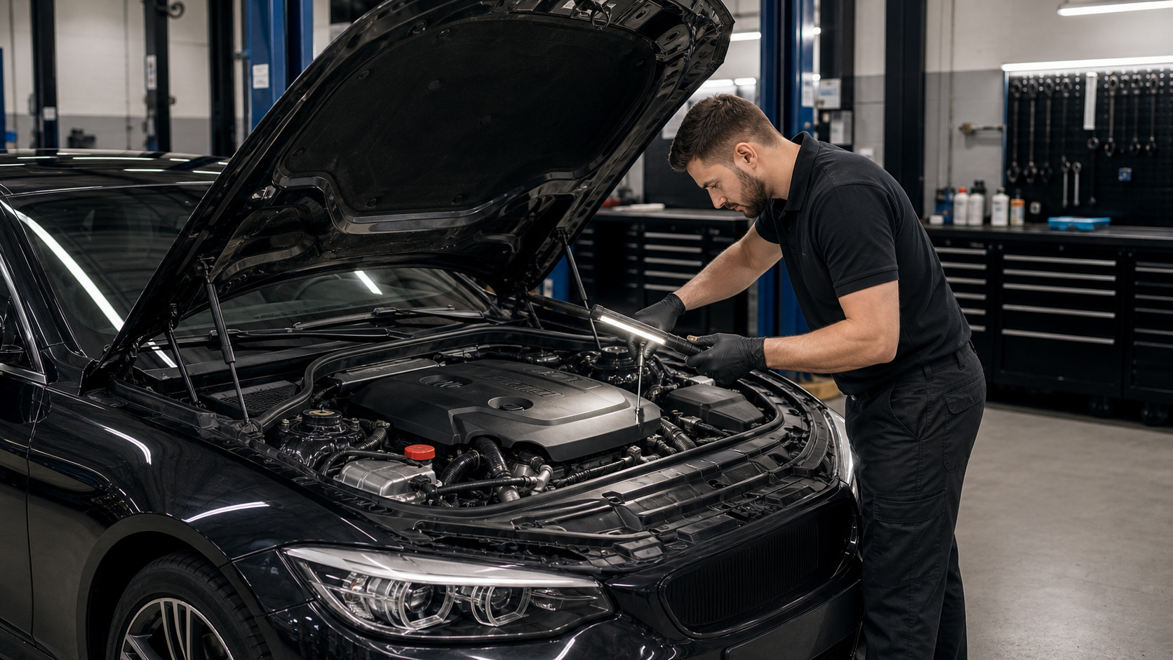 Mechanic inspecting a European car engine bay